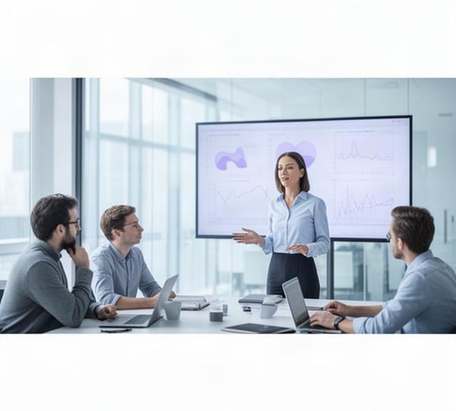 Trainerin erklärt einem kleinen Entwicklerteam in einem hellen Besprechungsraum die Auswertung von Sensordaten