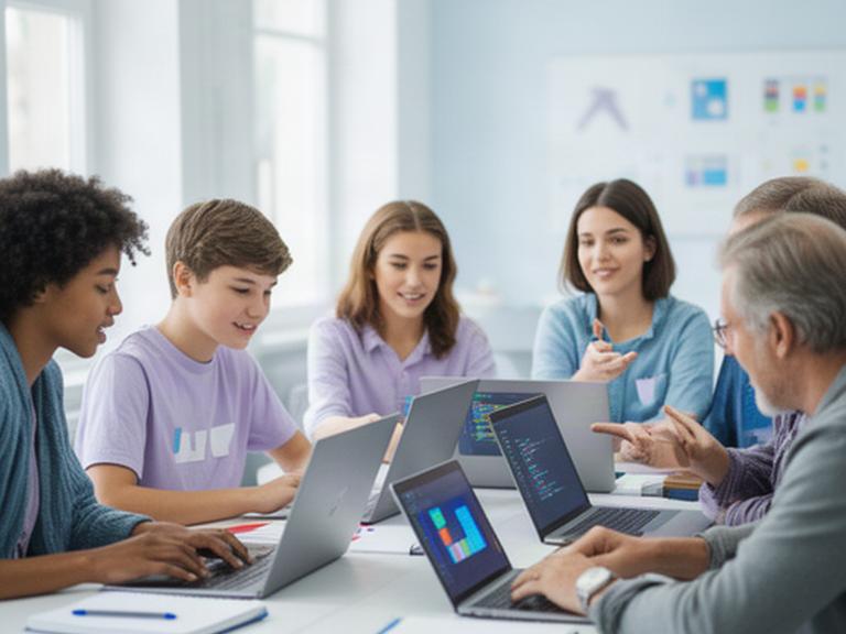 Jugendliche und Erwachsene arbeiten gemeinsam an Laptops in einem hellen Programmierkurs in Eppingen