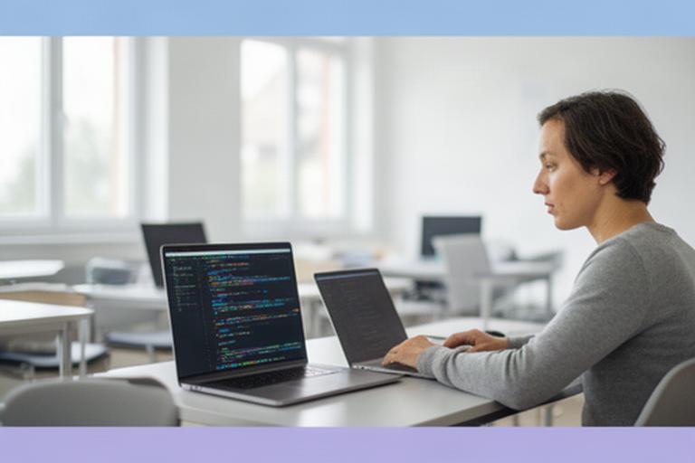 Lernende Person arbeitet in einem hellen Eppinger Schulungsraum an einem Laptop mit Programmiercode